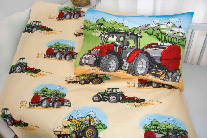 Produktbild Babybettwäsche Traktor bunt Decke Rückseite und Kissen Rückseite
