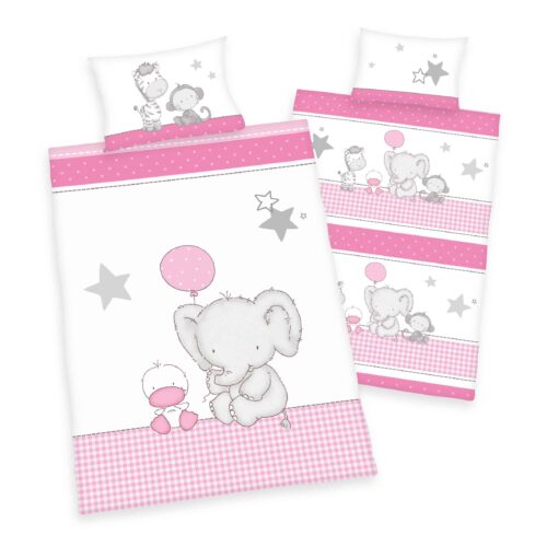Produktbild Babybettwäsche Elefant rosa weiß Bettwäsche Vorderseite Rückseite