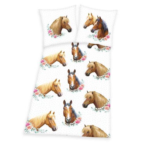 Produktbild Bettwäsche Pferde Rosen weiß braun Bettwäsche Vorderseite Rückseite