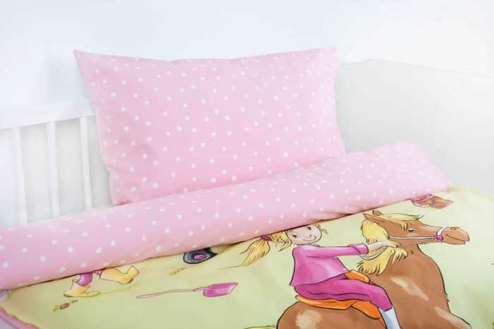 Produktbild Bettwäsche Pferde Ponyhof Pink 100x135 Kissen Vorderseite und Decke umgeklappt