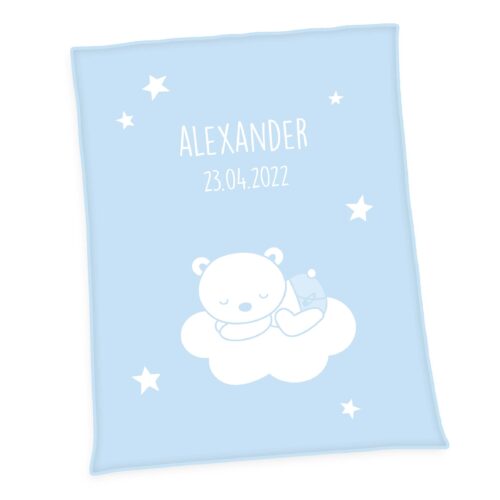 Produktbild Personalisierte Baby Kuscheldecke Bär auf Wolke Unicade hellblau